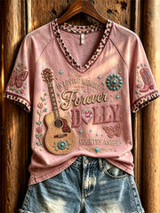 Women's Vintage Classic Country Music Inspired Western Print Memorial short-sleeved T-shirt