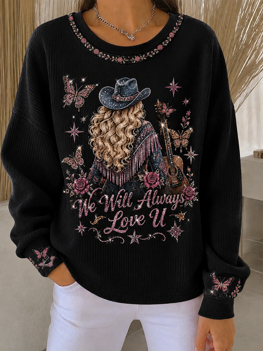 Women's Rip Country Music Lover Queen of Country Printed Ribbed Round-Neck Sweatshirt
