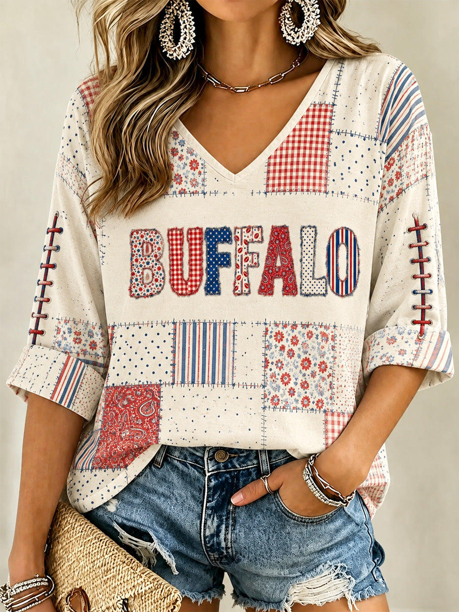 Women's Football Lover Buffalo Print Casual V-Neck Tee