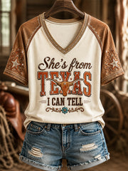 Women's She's From Texas I Can Tell Print Casual V-Neck Tee