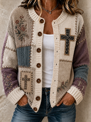 Women's Patchwork-style faith print Cardigan-Style Knit Jacket