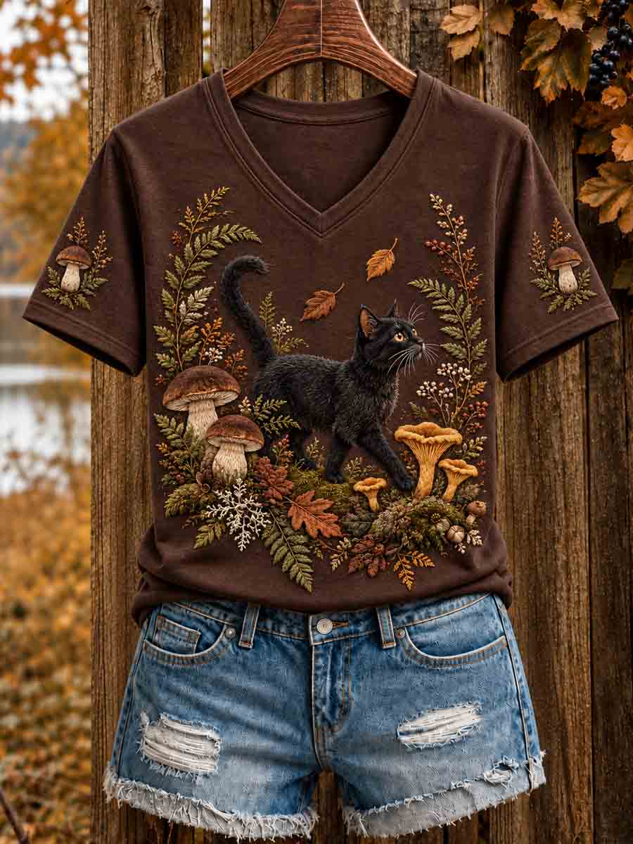 Women's Autumn Cute Cat Art Short Sleeve T-shirt