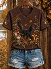 Women's Autumn Cute Cat Art Short Sleeve T-shirt