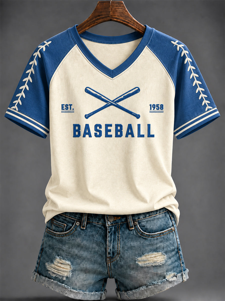 Women's American baseball Printed V-neck T-shirt