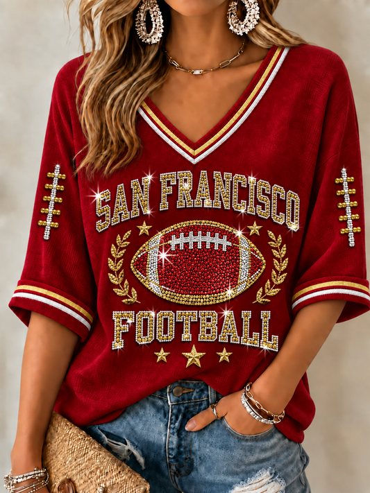 Women's Football Gameday Gift For Football Fans Mid-length Sleeves V-Neck T-Shirt