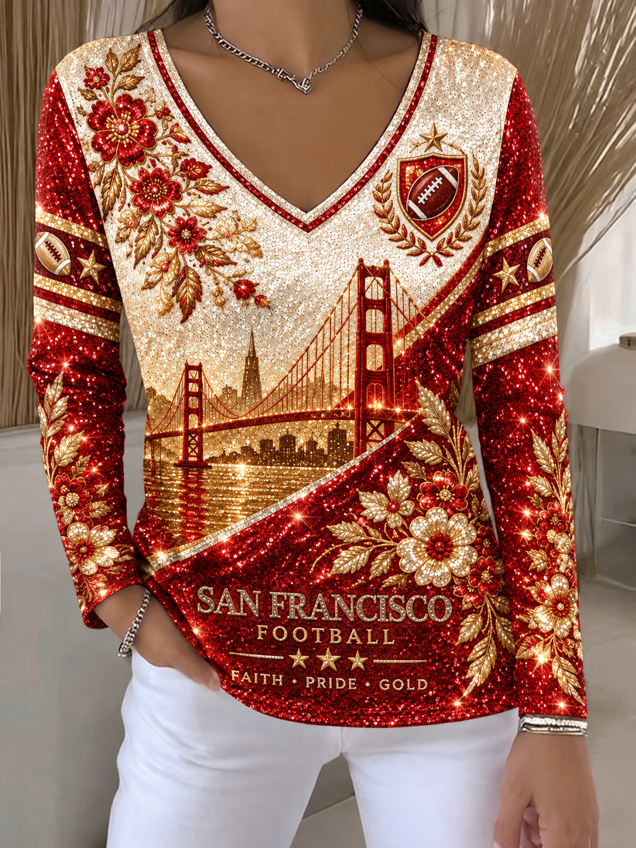 Women's San Francisco Football Lover Printed V-Neck T-Shirt