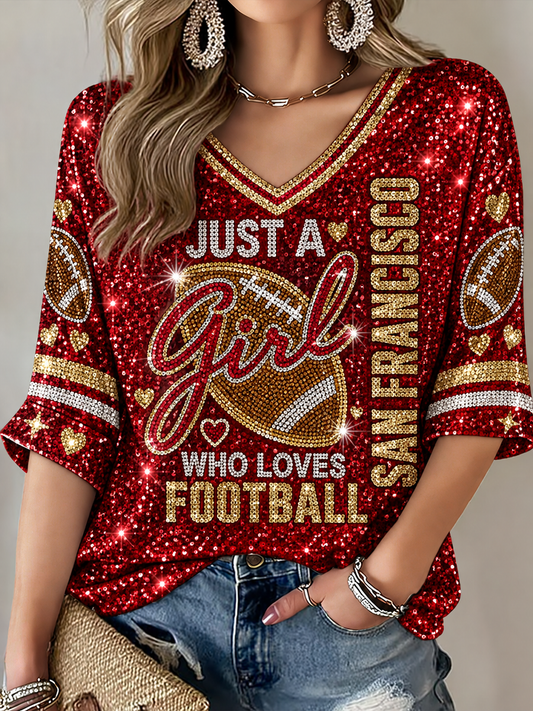 Women's San Francisco Football Lover Printed Mid-length Sleeves V-Neck T-Shirt