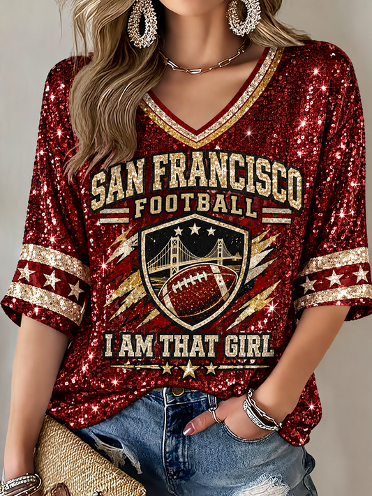 Women's San Francisco Football Lover Printed Mid-length Sleeves V-Neck T-Shirt