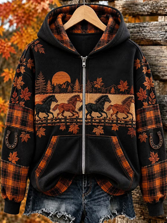 Women's Autumn Horse Print Zip-Up Hoodie