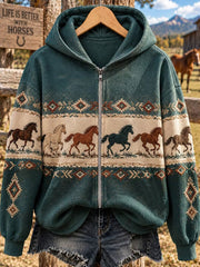 Women's Western Horse Print Zip-Up Hoodie