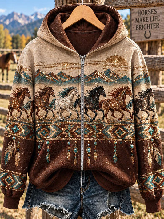 Women's Western Horse Print Zip-Up Hoodie