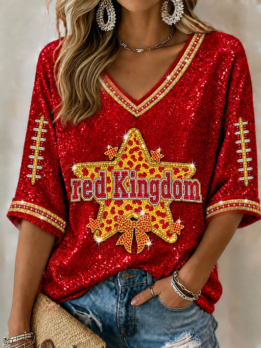 Women's Red Kingdom Mid-length Sleeves V-Neck T-Shirt