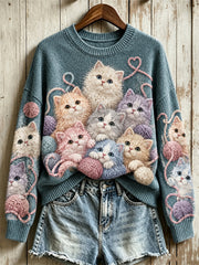 Women's Crowded Fuzzy Cats & Balls of Yarn Print crew neck sweater