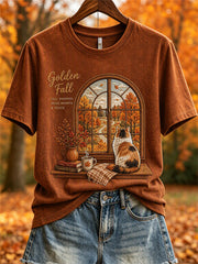 Women's Golden Fall Landscape Window & Cozy Cat Print short-sleeved T-shirt