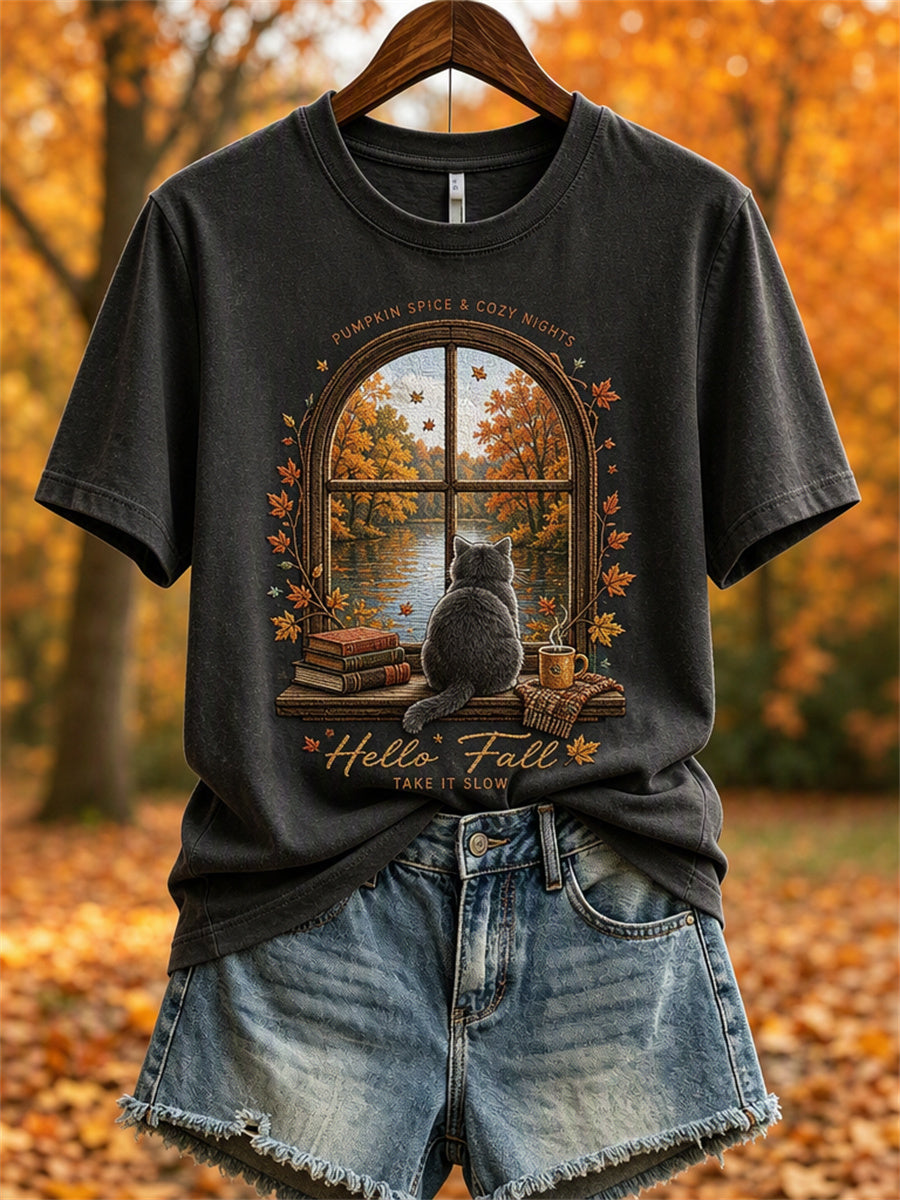 Women's Hello Fall Landscape Window & Cozy Cat Print short-sleeved T-shirt