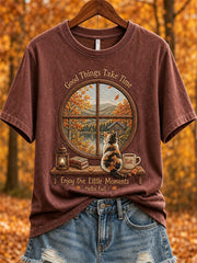 Women's Hello Fall Landscape Window & Cozy Cat Print short-sleeved T-shirt