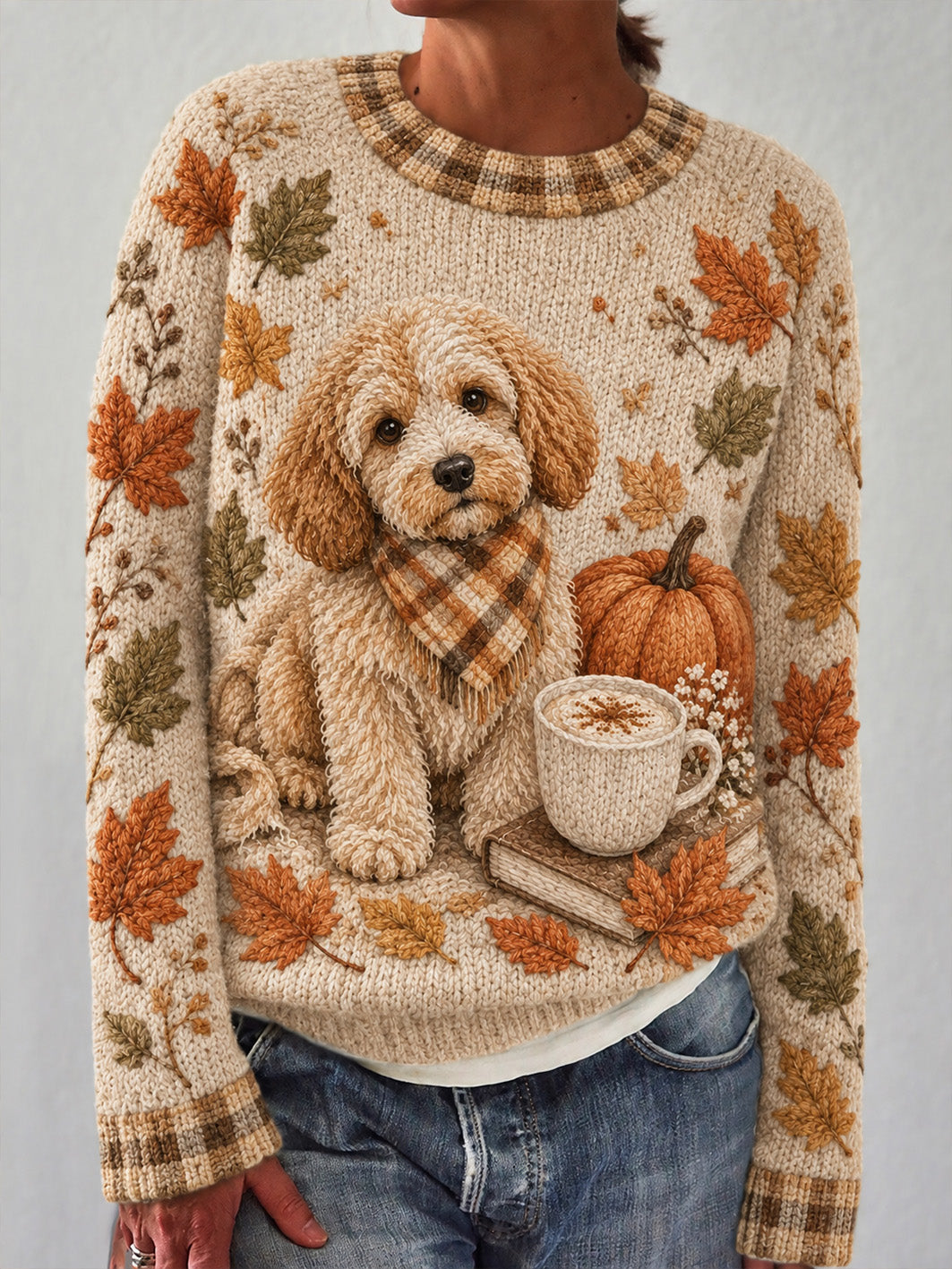 Women's  Autumn Maple Leaf Element Dog Pattern Casual Raglan Sleeve Sweater