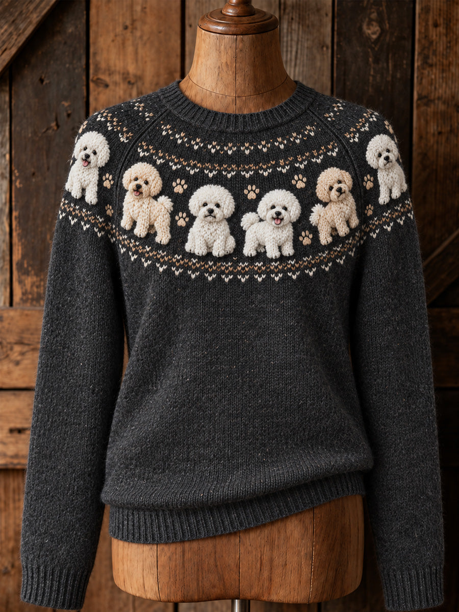 Women's Vintage Cute Bichons & Paws Print Long-sleeved Sweater