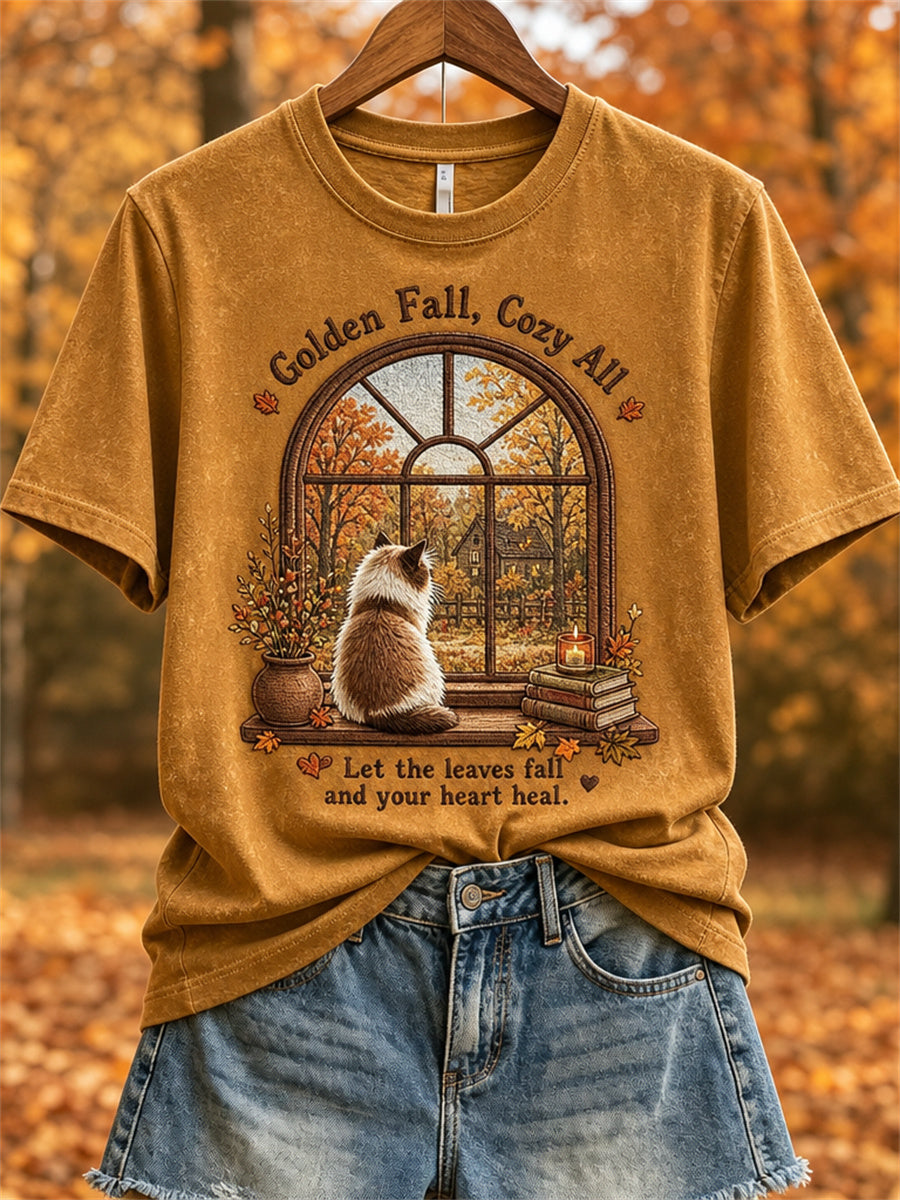 Women's Golden Fall Landscape Window & Cozy Cat Print short-sleeved T-shirt