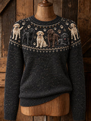 Women's Vintage Cute Labrador Retriever & Paws Print Long-sleeved Sweater