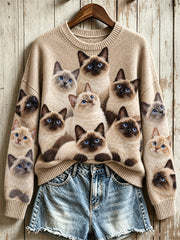Women's Crowded Fuzzy Siamese Cats Print crew neck sweater