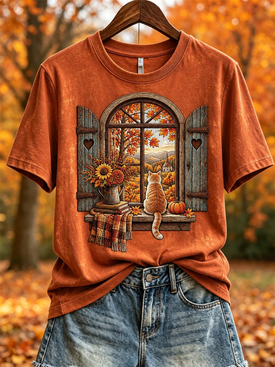 Women's Fall Landscape Window & Cozy Cat Print short-sleeved T-shirt