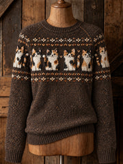 Women's Vintage Cute Cats Yoke Isle Print Long-sleeved Sweater