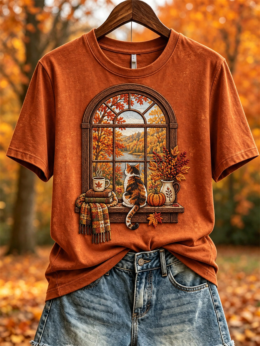 Women's Fall Landscape Window & Cozy Cat Print short-sleeved T-shirt
