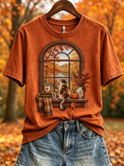 Women's Fall Landscape Window & Cozy Cat Print short-sleeved T-shirt