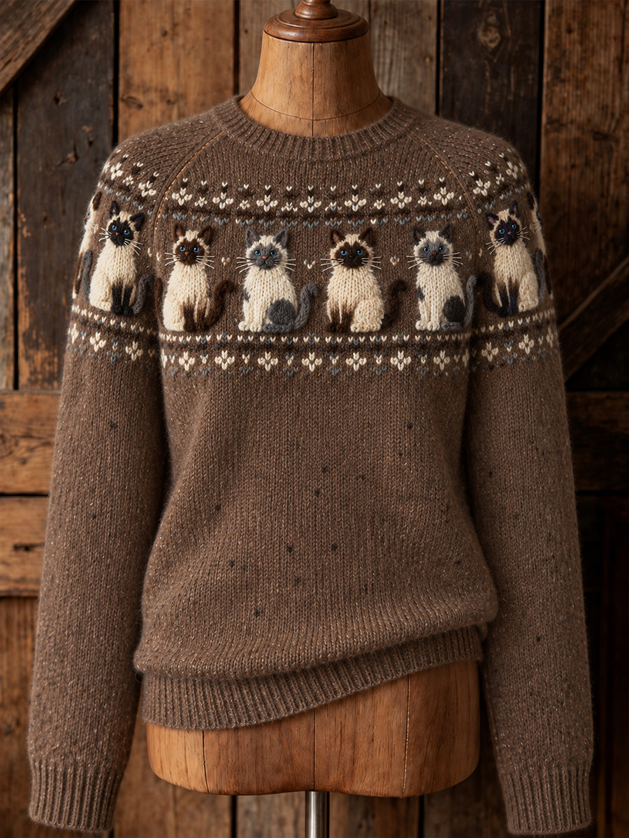 Women's Vintage Cute Cats Yoke Isle Print Long-sleeved Sweater