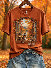 Women's Fall Landscape Window & Cozy Cat Print short-sleeved T-shirt
