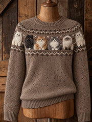 Women's Vintage Cute Cats Yoke Isle Print Long-sleeved Sweater