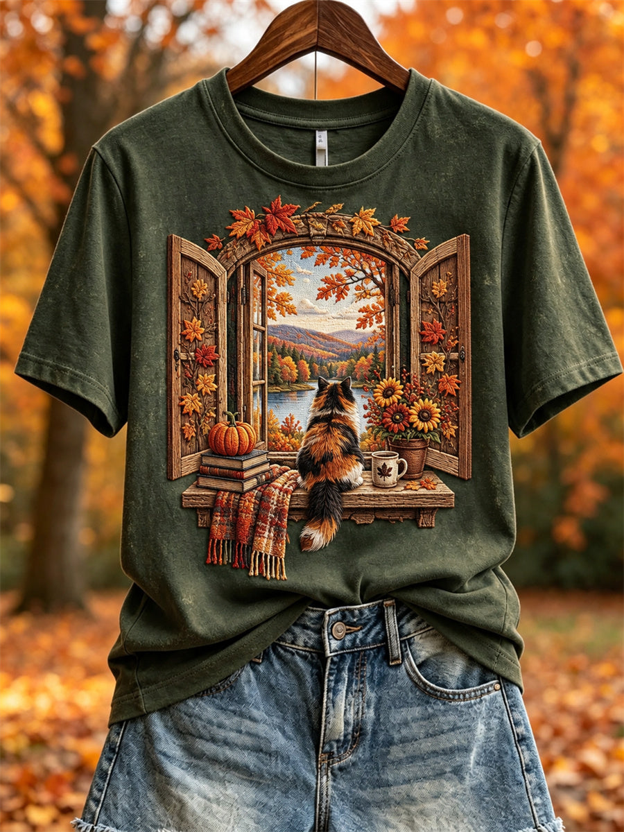 Women's Fall Landscape Window & Cozy Cat Print short-sleeved T-shirt