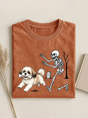 Women's Funny Halloween Dog And Skeleton Print Casual Tee