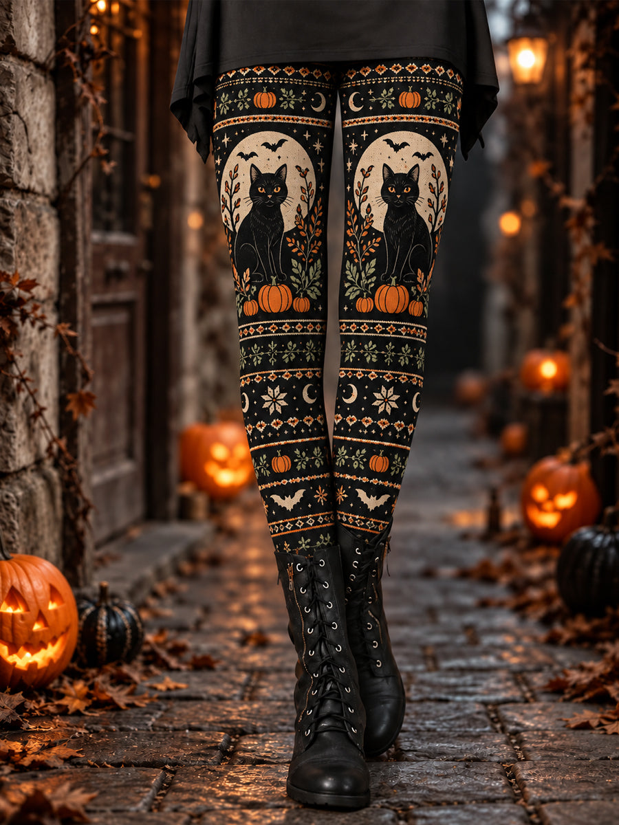 Women's Halloween Black Cat Print Leggings