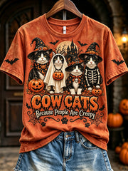 Women's Cow Cats Because People Are Creepy Halloween Print Short-sleeved T-shirt