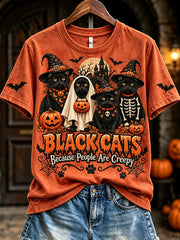 Women's Black Cats Because People Are Creepy Halloween Print Short-sleeved T-shirt