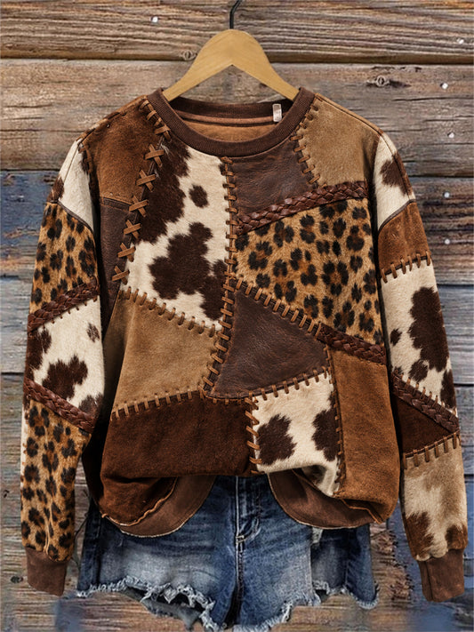 Women's Western Vintage Cowhide Leopard Colorblock Print Regular Sweatshirt