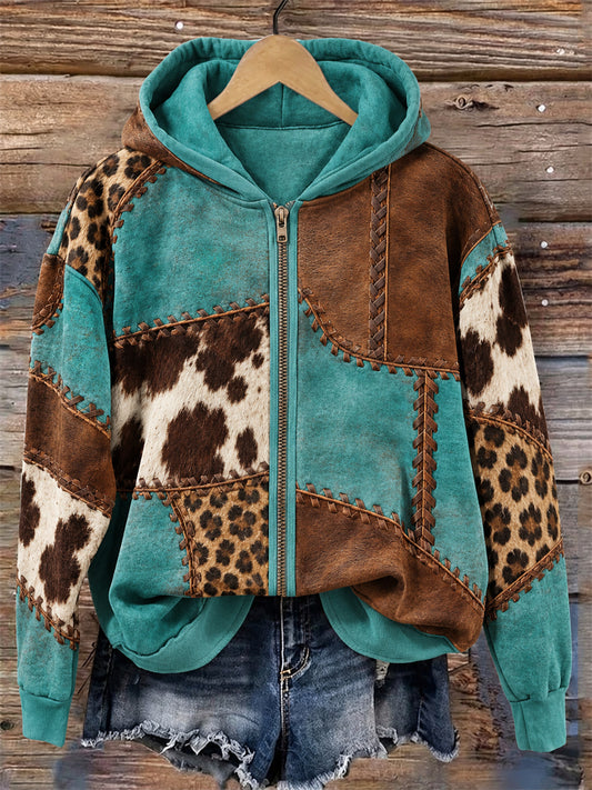 Women's Western Vintage Cowhide Leopard Colorblock Print Full Zip Hoodie