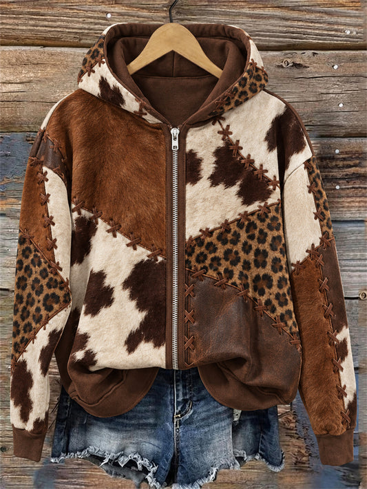 Women's Western Vintage Cowhide Leopard Colorblock Print Full Zip Hoodie
