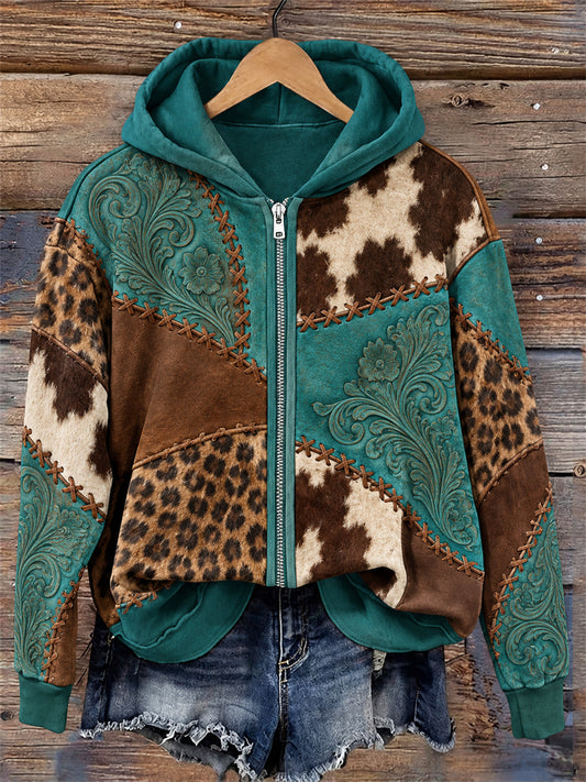 Women's Western Vintage Cowhide Leopard Colorblock Print Full Zip Hoodie