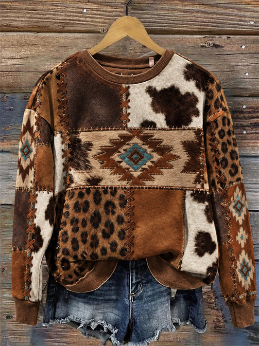 Women's Western Vintage Aztec Cowhide Leopard Colorblock Print Regular Sweatshirt
