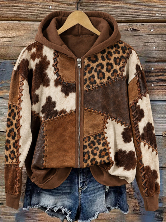 Women's Western Vintage Cowhide Leopard Colorblock Print Full Zip Hoodie