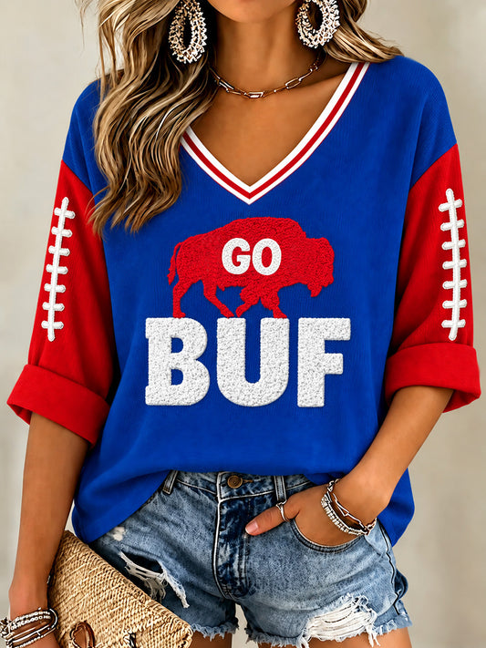 Women's Football Lover Buffalo Print Casual V-Neck Tee