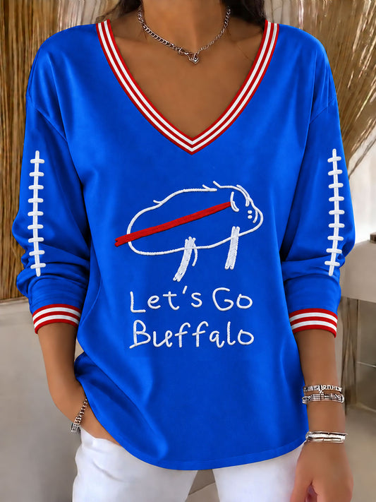 Women's Go Buffalo Football Fans Lovers Gameday Casual V-Neck T-Shirt