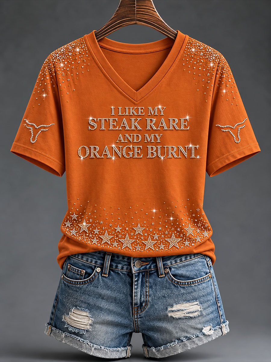 Women's "I Like My Steak Rare and My Orange Burnt" Football Game Day Casual T-shirt