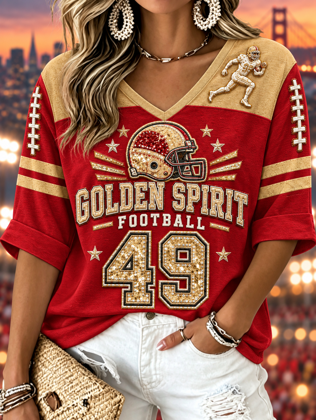 Women's Mid-length Sleeves V-Neck T-Shirt
