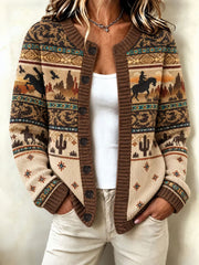Women's Western Horse Print Cardigan-Style Knit Jacket