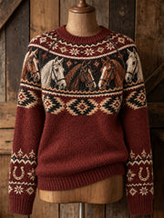 Women's Western Horse Print Crew Neck Sweater