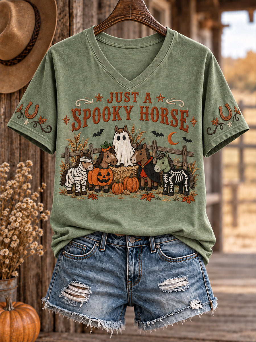 Women's Western Halloween Art Horses Cows Printed T-shirt